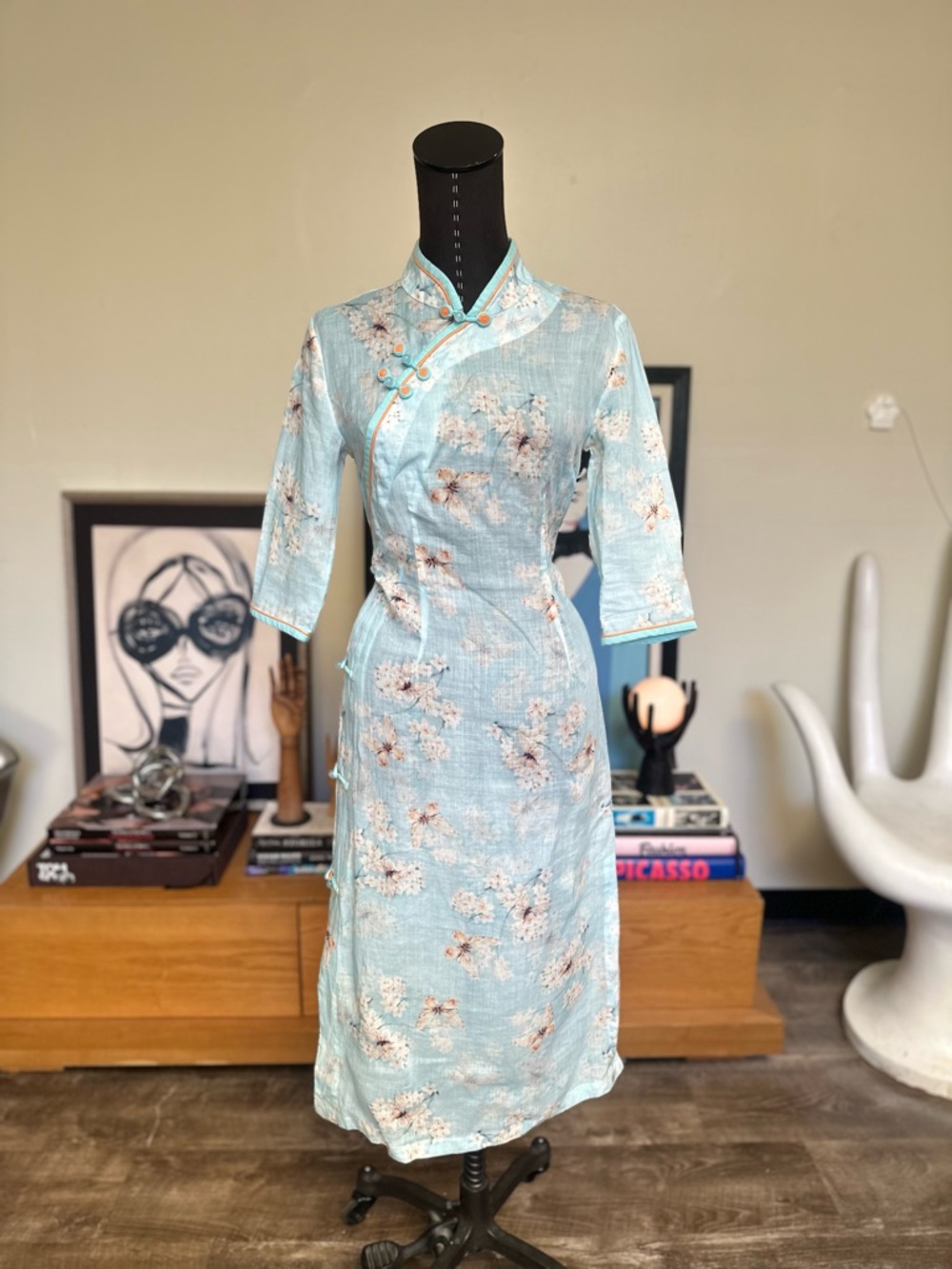 Light Blue Linen Floral Cheongsam Dress - Elegant Mandarin Collar